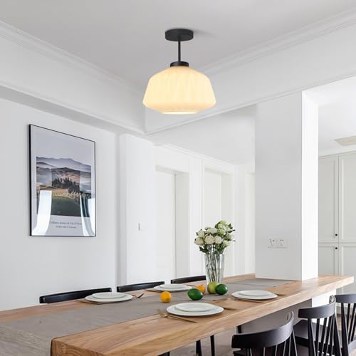 Image of Modern Black Ceiling Light Semi Flush Mount Ceiling Lights Fixture with White Striation Glass Shade for Entryway Bedroom Kitchen Foyer