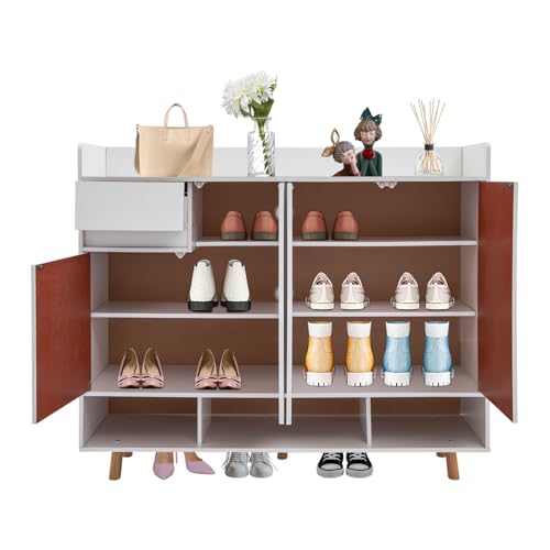 Zoobotanica Zapatero con 1 cajón, 4 puertas y 3 compartimentos abiertos, armario de tablón alto, armario multiusos (120 x 32 x 100 cm), color blanco cálido