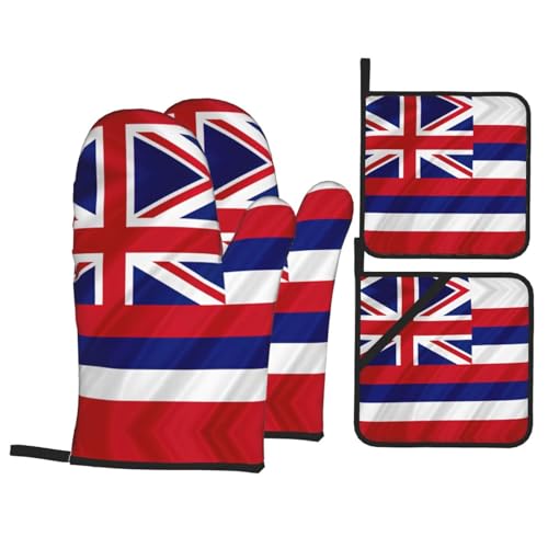 Manoplas de horno resistentes al calor con estampado de bandera de Hawaii, tela aislante para cocinar y hornear de forma segura