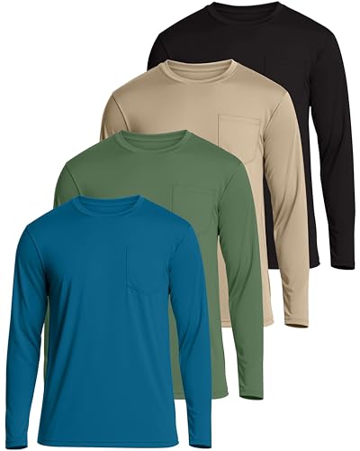Real Essentials 4 Pack: Men's Dry-Fit Active Athletic Long Sleeve Pocket Crew T-Shirt Outdoors UPF 50 (S-5XLT)