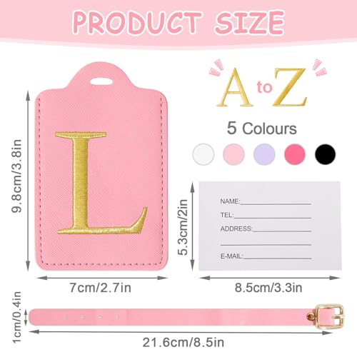Image of Personalized Initial Luggage Tags for Suitcases, Cute PU Leather Embroidered Letter Travel Luggage Tags, Suitcase Identifier Name Baggage Tag, Bag Tags for Men Women Kids Luggage Handbags(Pink L)
