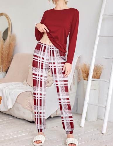 Image of Ekouaer 2 Pack Pajama Sets for Women,Long Sleeve Top With Jogger Pants Lounge Set Sleepwear with Pockets