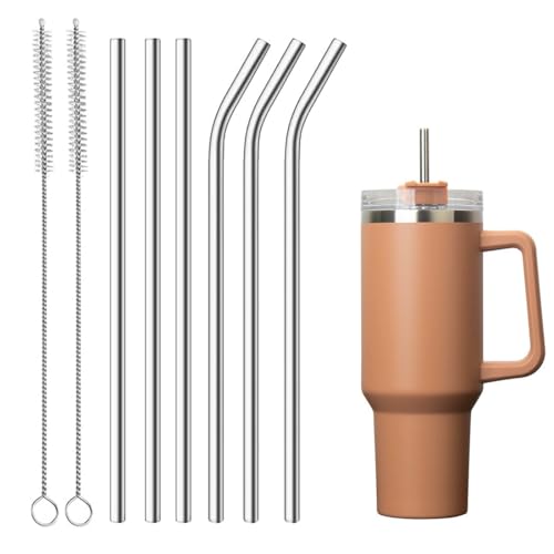 Juego De 6 Pajitas De Acero Inoxidable Reutilizables 3 Rectas 3 Curvas Con 2 Cepillos Limpiadores, Para Bebidas Frías Y Calientes, 21.5 Cm