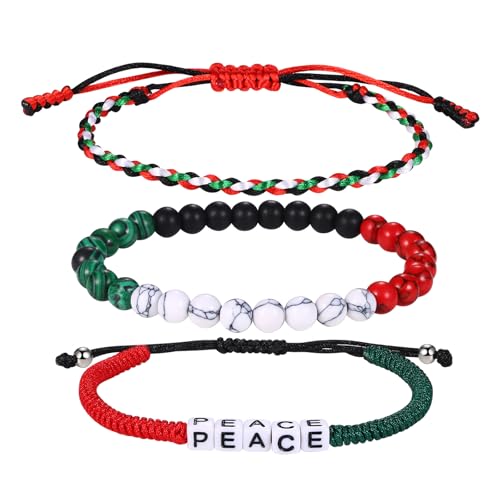 JewelryWe Pulsera Trenzadas Bandera Palestina: Juego de Pulseras de Cuentas Bohemia Orgullo Nacional Libertad para Hombre y Mujer Ajustable 3 Piezas Hipoalergénico Estilo 1 - Para Uso Diario Regalo