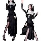 [JUNDOMECY] シスター コスプレ セクシー 修道女 聖女 修道服 ハロウィン 衣装 大人 レーディス 可愛い 長袖 スリット 大きいサイズ 仮装 十字架 ワンピース ベール ストッキング付き イベント 学園祭 文化祭 撮影 (S)