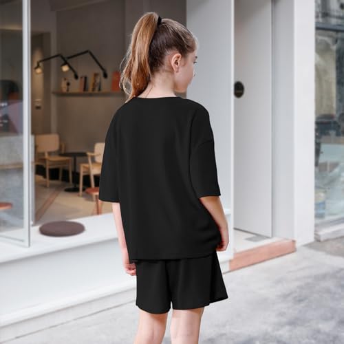 Image of DREAM BUS Girls T-Shirts and Shorts Set 2 Pieces Teen Girls Summer Matching Outfit Solid Trendy Clothes for Little Girl
