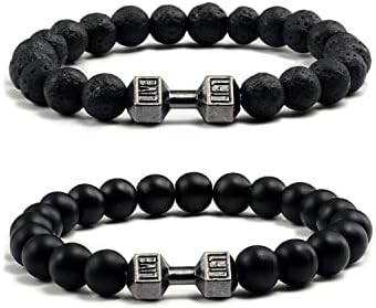 NORLSO Black Dumbbell Bracelet for Men Gym Bros Bracelet Volcanic Lava Stone Adjustable Natural Stone Beads Bracelet Fitness Barbell Jewelry for Men (A)