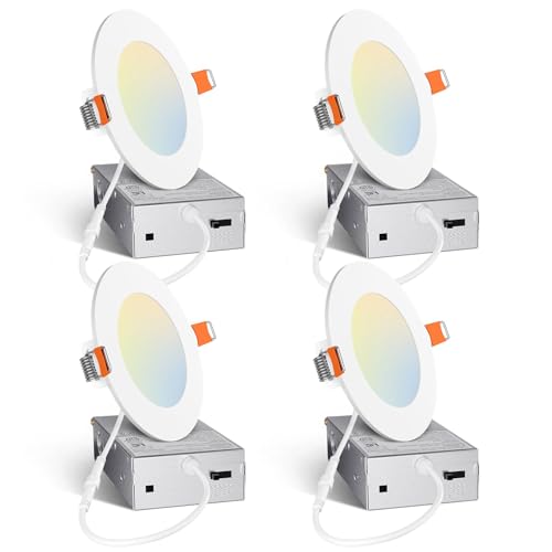 Amico 4 Pack 4 Inch 5CCT Ultra-Thin LED Recessed Ceiling Light with Junction Box, 2700K/3000K/3500K/4000K/5000K Selectable, 10W Eqv 60W 800LM Brightness Dimmable Canless Wafer Downlight, ETL & FCC by Amico - Used condition - US$19.99