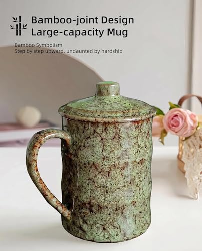 Taza de café grande cerámica 26oz con tapa y asa verde miniatura 3