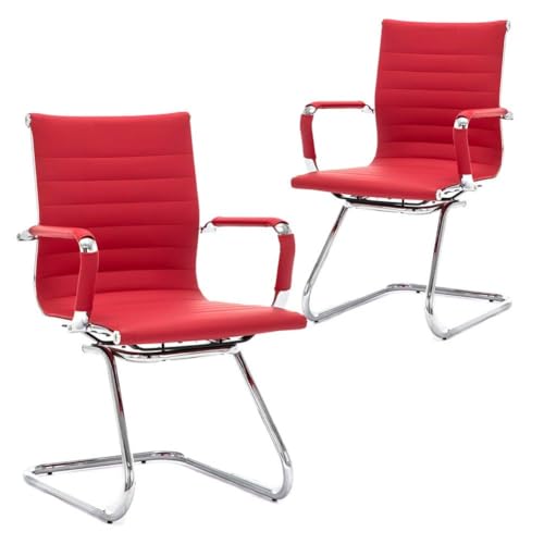 Image of No Wheels Reception Chairs Waiting Room Chair Leather Conference Chairs Back Support Heavy Duty Office Chair with Arm, Set of 2 (Deep Red)