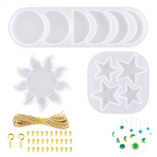 GOIYZTTR 36 Stück Resin Gießform Silikonform Kit mit Sonne, Stern, Mond Resin Mold, 32 Stück Schraubhaken, 10 m Juteseil für die Herstellung Anhänger, Handwerk Dekoration Cover