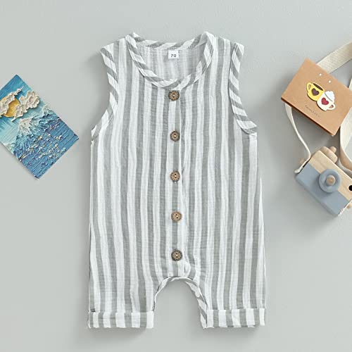 Infant Baby Boys Girls Cotton Linen Jumpsuits Sleeveless Button Down Striped Short Overalls Romper Summer Fall Outfits2