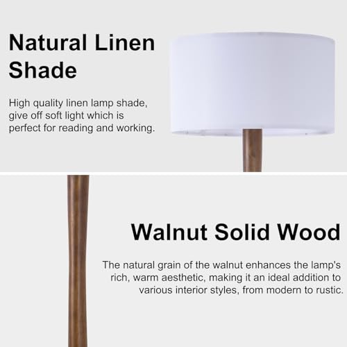 Image of 62 inch Tall Rustic Walnut Wood Floor Lamp with Large Linen Shade, White | Farmhouse Wood Floor Lamp, UL Listed Standing Lamps with Wooden Base for Living Room, Bedroom, Dining Room, Home