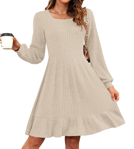 AUSELILY Damen Strickkleid Herbst Pulloverkleid Langarm Kleid Outfit Winterkleider,Aprikose S