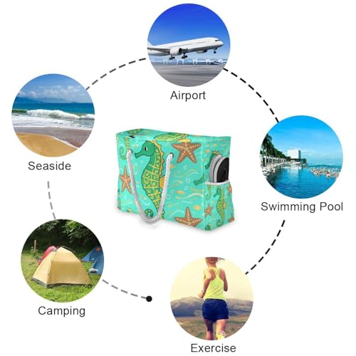 OTVEE Green Seahorses Pattern Beach Bags for Women Ladies Large Canvas Tote Shoulder Bag Waterproof Travel Bags for Gym Swim Pool Camping4