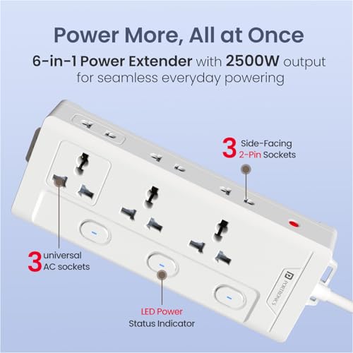 Image of Portronics Power Plate 10 Pro, 6-in-1 Power Extender with 2500W Output, Universal Sockets x3, Side 2-Pin Sockets x3, Individual Switches with LED, 2M Long Cord, Overload Protection, Wall Mount Design