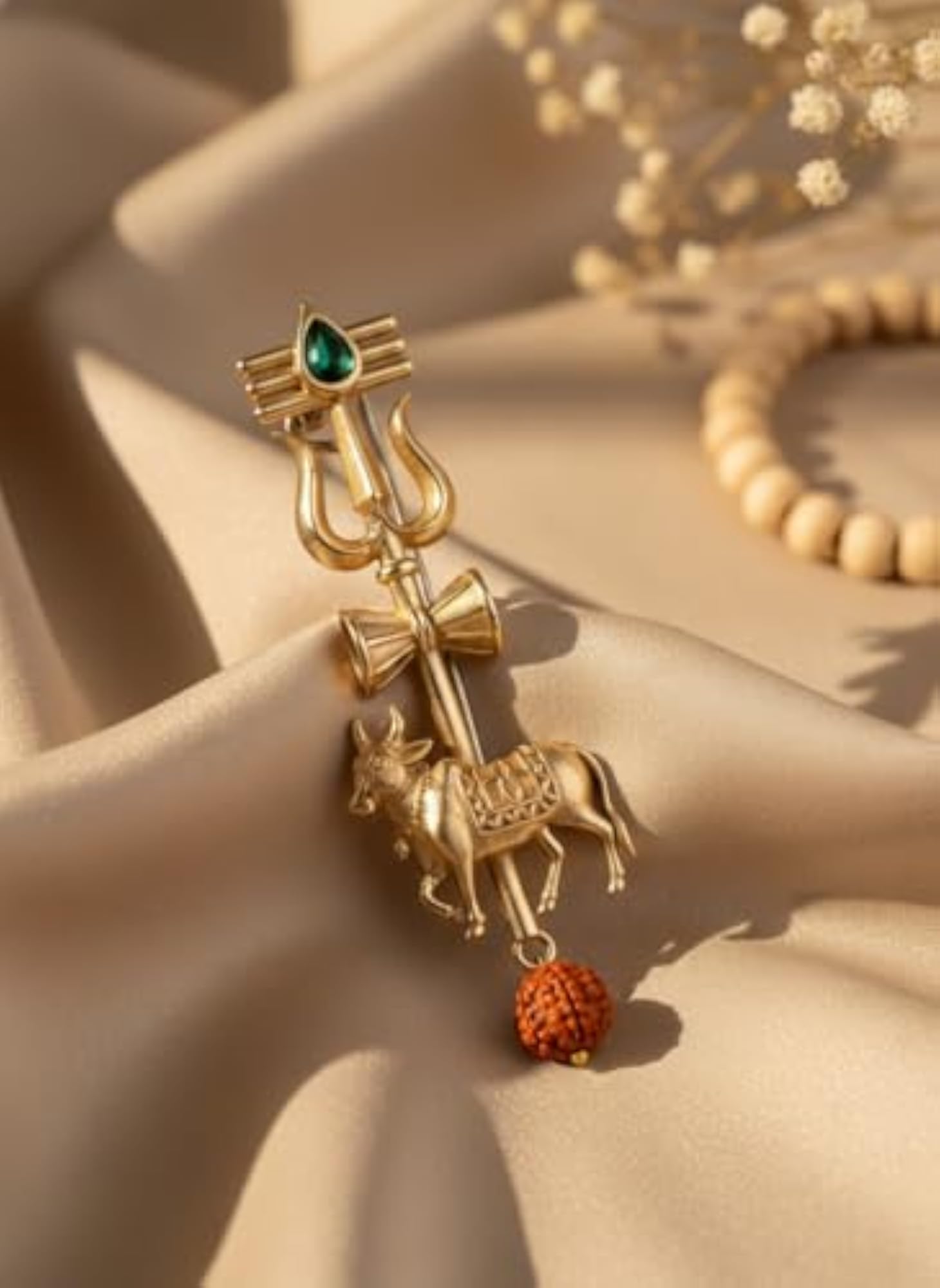 Royal Nandi Tilak Brooch - Antique Gold Sacred Bull & Tripundra Shield