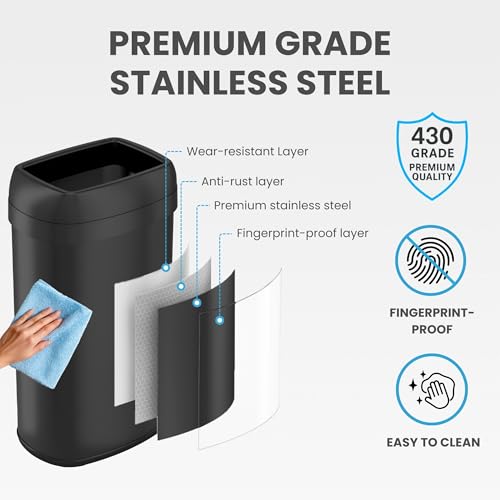 Image of iTouchless 16 Gallon / 61 Liter Open Top Kitchen Trash Can & Recycle Bin, Matte Black Stainless Steel Commercial Grade Garbage Bin with Dual Odor Filters for Office, Garage, Restaurant, and Home