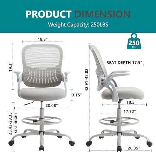 Image of DUMOS Drafting Chair for Standing Desk, Flip-up Arms, Counter Height Adjustable, Ergonomic Mid Back Mesh Rolling Work 360Swivel Home Office Computer Chairs with Wheels, Grey