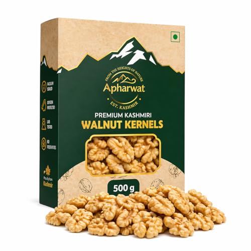 Image of Apharwat Kashmiri Walnut Kernels Without Shell | Light Halves Grade | 500g | Single Origin Kashmir | Vacuum Sealed + Oxygen Absorber | Akhrot Giri | Source of Natural Plant Oils | Fresh Crop