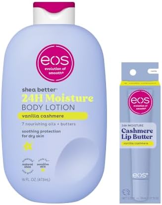Bundle of eos Cashmere Lip Butter - Vanilla Cashmere, Plumping Peptides, Smoothing, 0.35 fl oz + Shea Better Body Lotion Vanilla Cashmere, 24-Hour Moisture Skin Care, Body Lotion, 16 fl oz