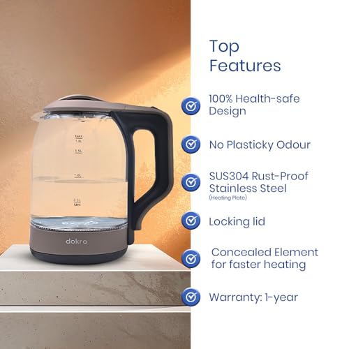 Image of Dokro 1.8L Electric Glass Kettle (1350W) | 100% Borosilicate Glass Body with Locking Lid, 360 Swivel Base, Concealed Element for faster heating, Auto Shut-Off, Rust Proof Electric Kettle (Grey)