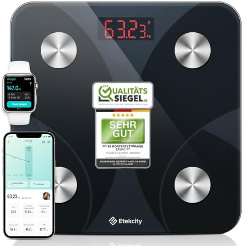 Etekcity Körperfettwaage mit 13 Körperwerten, Personenwaage 180 kg /0,05 kg | Waage Personen mit kostenlosen personalisierten Ernährungs- und Trainingsplänen, Körperwaage mit körpe