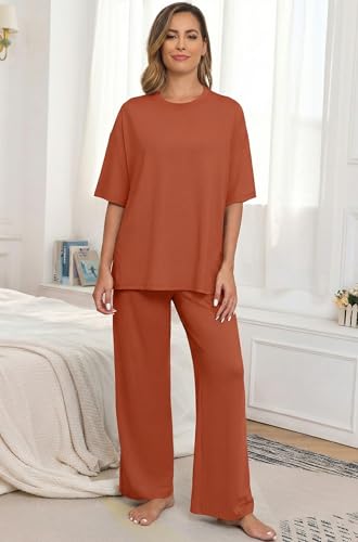 Image of PrinStory Womens Pajamas Sets 2 Piece Lounge Set Short Sleeve Tops and Long Pants Soft Pjs Loungewear with Pockets