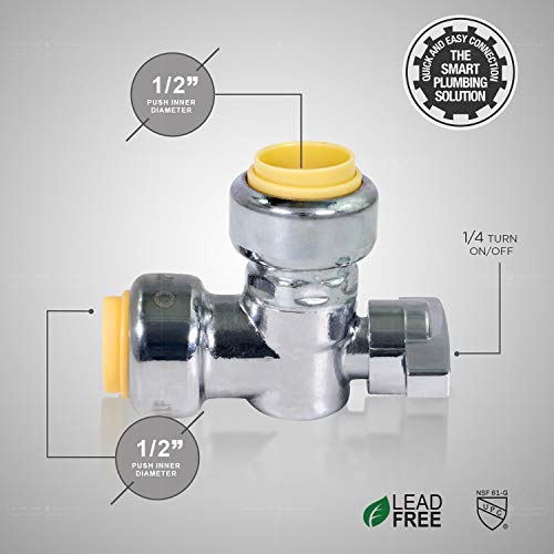 Image of Midline Valve VQBTQ1212-5 Push-Fit Water Supply Stop Valve; One Piece Design; Angle Shut-off for Toilet, Sink, Dishwasher, Heater; 1 /2 in. Push; Chrome Plated Brass (5 Pack)