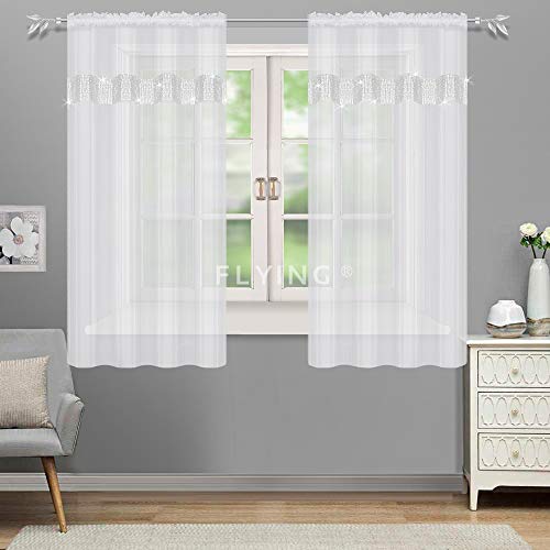Schöne Fertiggardine Fenstergardine Gardine aus Voile mit Faltenband Kräuselband 2er Set Kurz Modern Fenster Weiß 145x160 cm LB-KB-PT (Kräuselband)