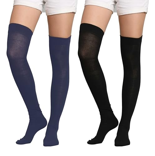 Image of TRAZO Women's Thigh High Socks Over the Knee High Knitted Casual Boot Socks, Stiped Long Fashionable Stockings (Pack of 2)