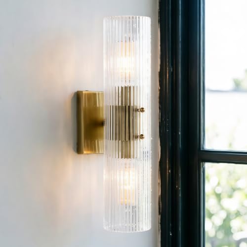 Soothingease 16" Modern Fluted Glass Single Cylinder Sconce, Two-Light Vertical Striped Clear Tube Wall Sconce with Burnished Brass Finish, Elegant Light Fixture for Bedroom, Entrance, Living Room