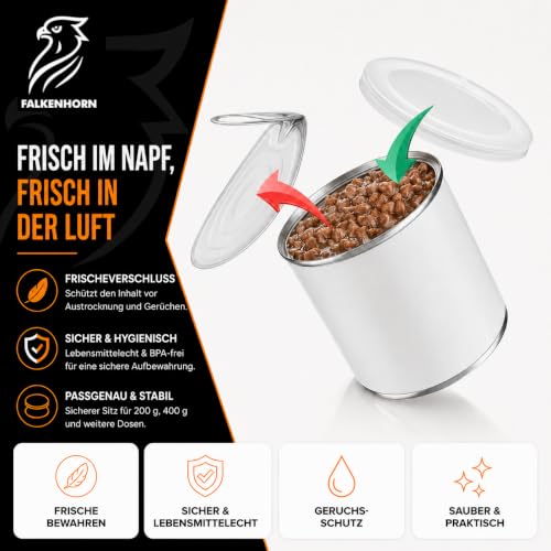 Falkenhorn Dosendeckel für Tierfutter – 2x 200g/400g & 2x 800g Hundefutter & Katzenfutter Dosen – Lebensmittelecht, Spülmaschinenfest, Wiederverwendbar, Made in Germany – Frische & Geruchsbindung