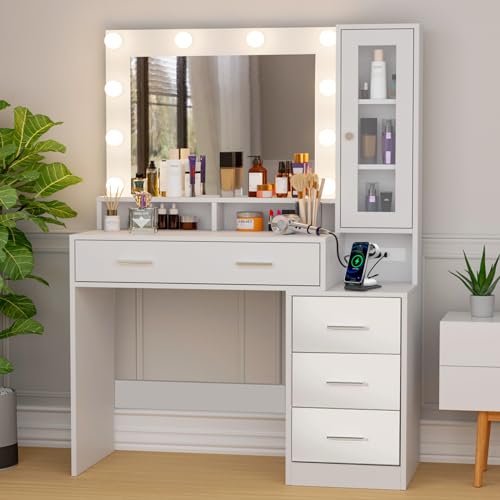 Likein White Vanity with Lighted Mirror, Large Vanity Desk with Mirror and Lights, Makeup Vanity Desk with Drawers, Nightstand Dressing Table with Charging Station & Glass Door Cabinet for Girls Women