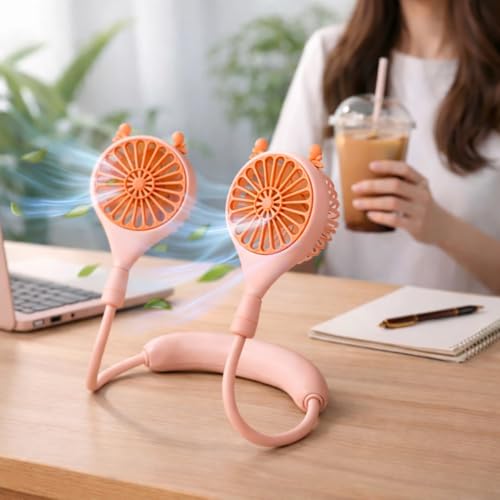 Image of One94Store Rechargeable Neck Fan (Pink) | 1200mAh Battery, USB Powered Hands-Free Hanging Fan | Single Speed Dual Fan | Portable Personal Cooling Fan for Travel, Office & Outdoor Use