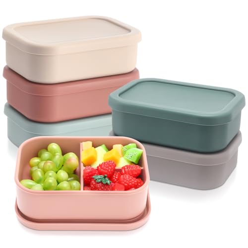 Image of Honeydak 6 Pcs Bright Silicone Bento Boxes, 3 Compartment Lunch Boxes