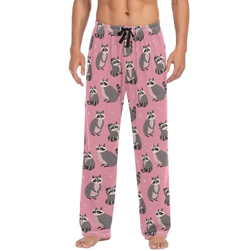 Vdsrup Men's Pajama Pants Cute Raccoon Pink Pajama Pants for Men PJs Bottoms Drawstring Pockets Sleep Lounge Pants S
