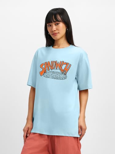 Image of JUNEBERRY Pure Cotton Oversized Baggy Fit Round Neck Drop Shoulder Swan White Back Graphic Printed T-Shirt for Women /Girls