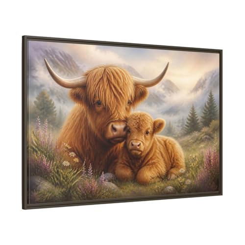 Impression vache Highland réaliste grand format avec cadre
