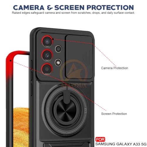 Image of Samsung A33 5G Back Cover | Armor Camera Slider 360 Degree Rotating Finger Ring Holder Case with Bracket Stand Back Case Cover (Compatible with MagSafe Accessories) (Black)