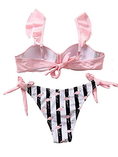 Lilosy Cute Flamingo Bandeau Underwire Padded Push Up Thong Bikini Swimsuit Set For Women Ruffle Strap Knotted Top And Side Tie Bottom Bathing Suit Pink Small #TOP2