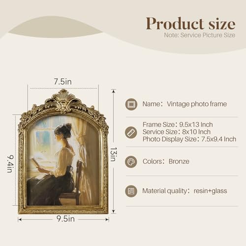 8x10 Picture Frame Antique Gold Frames, Vintage Gold Ornate Resin Photo Frame with Glass Front for Tabletop and Wall Mounting, Arch Picture Frame for Home Decor
