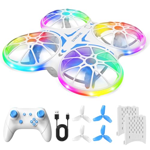 Mini Drones For Kids Beginners - With LED Lights And 2 Batteries, Remote Control RC Quadcopter with Altitude Hold and 3D Flips,Full Propeller Protect,Boys Toys Gifts(Blue)