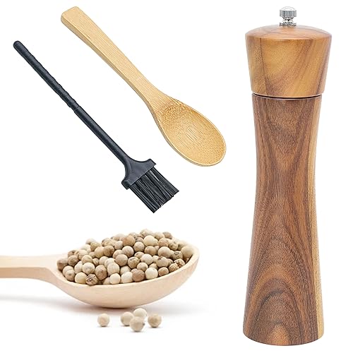Molinillo de sal y pimienta de madera, molinillo de especias con mecanismo de molienda de cerámica, molinillo de pimienta de madera con cuchara de relleno y cepillo de limpieza (22 cm)