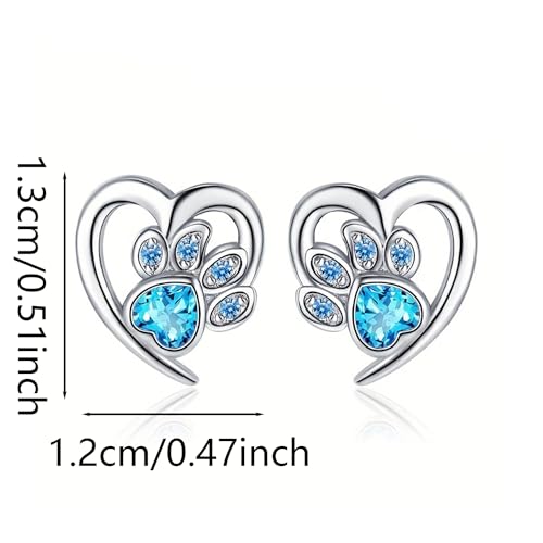 Paw Earrings for Women Sterling Silver Blue Heart CZ Paw Print Stud Earrings Sweet Cute Puppy Cat Dog Paw Earrings Hypoallergenic Animal Lovely Gifts for Pet Lovers Daughter Birthday2