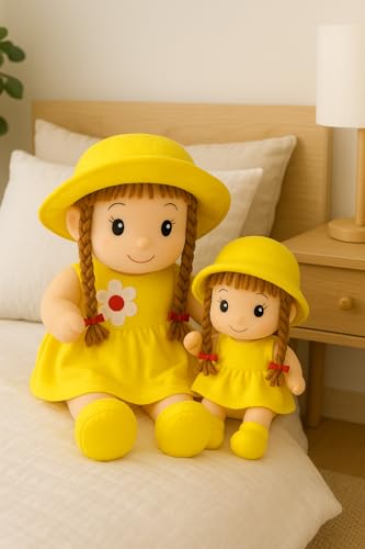 Image of Yellow Plush Doll Set, Stuffed Toy Dolls with Braided Hair and Sun Hats, Mother Daughter Matching Outfit, Girls Gift