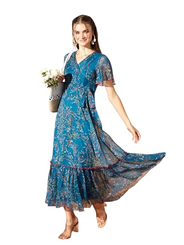 Image of Miss Chase Women's Floral V-Neck Flutter Sleeve Wrap Chiffon Maxi Dress