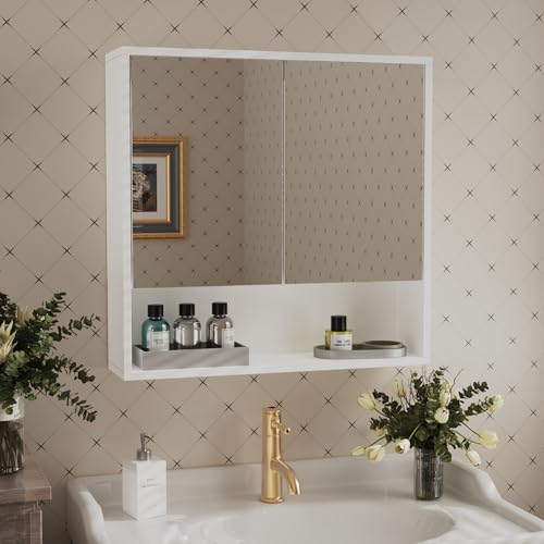 Msutree 2 Türen Spiegelschrank Bad Wandmontierter Schrank Badspiegel mit ablage Platzsparender Holz badschrank mit Spiegel, Medizinschrank, Hängeschrank, Badspiegel (60CM ohne Licht)