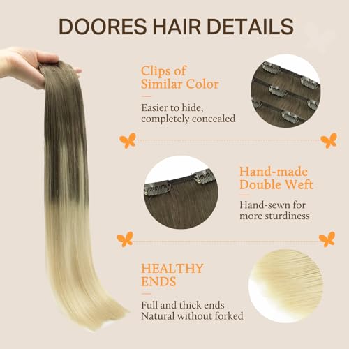 Image of DOORES Clip in Hair Extensions, Ash Brown to Platinum Blonde 135g 7pcs 16 Inch, Remy Silky Hair Extensions Clip in Human Hair Natural Straight Weft Gift