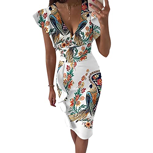 Briskorry V-Ausschnitt Blumen Etuikleider Knielang Business Kleider Damen...